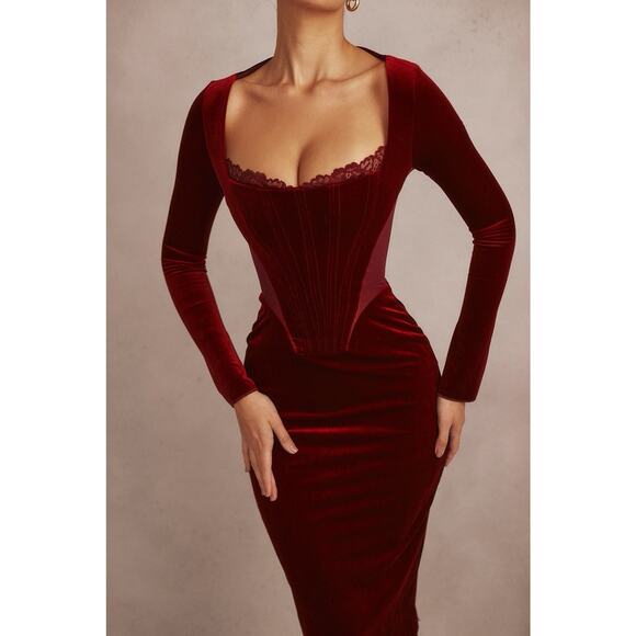 NWT House of CB Solaine Wine Velvet Corset Midi Dress Lace Trim Long Sleeve S - Picture 1 of 11